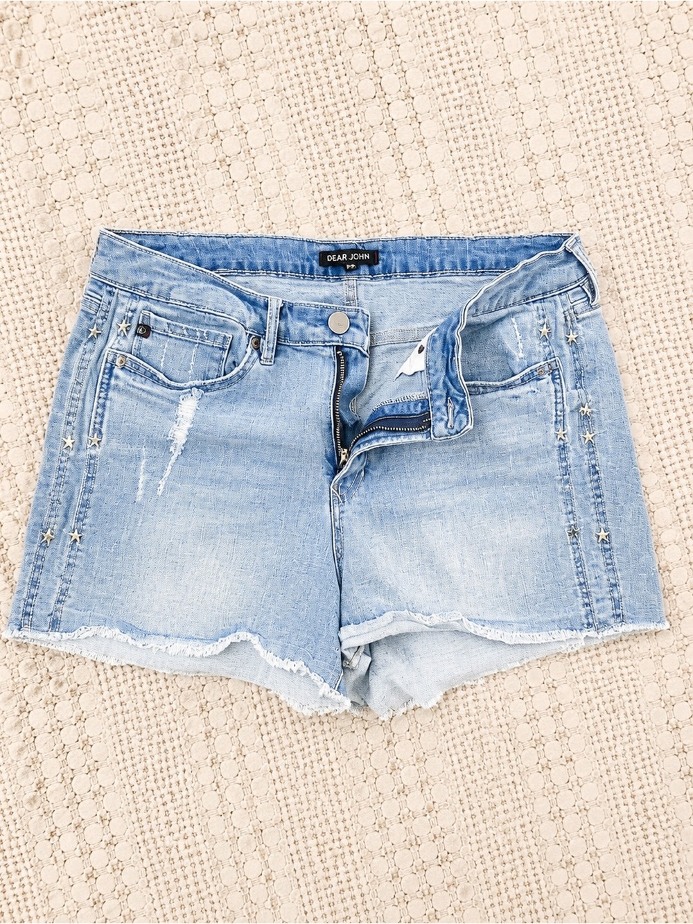Dear John Light Blue Star-Studded Distressed Denim Shorts
